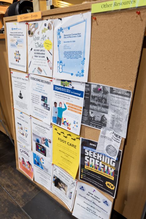 Bulletin board with information about upcoming recovery classes and events