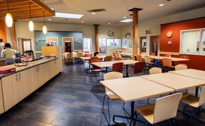 Warm, inviting community area of a recovery support organization and cafe